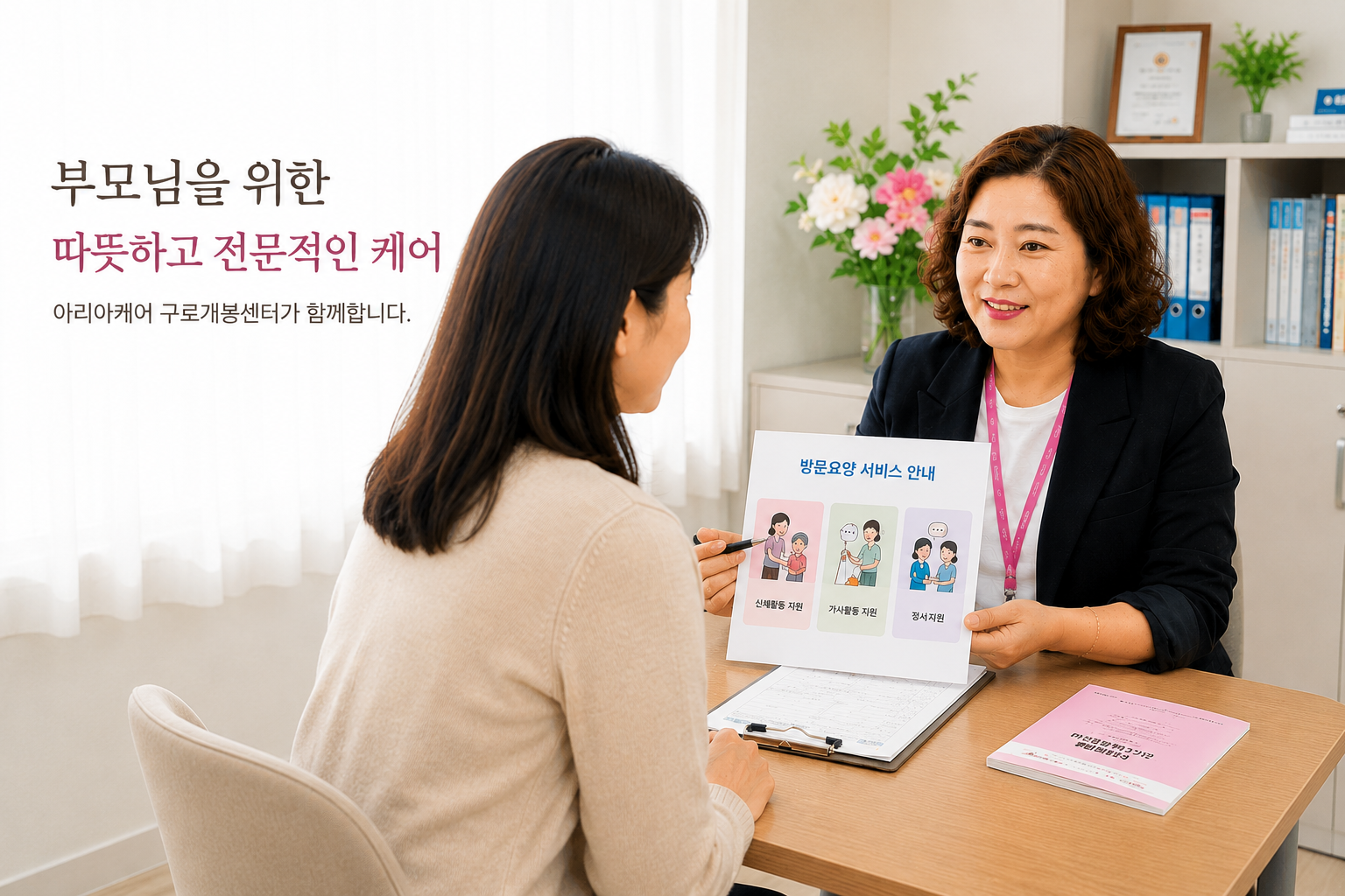 방문요양 서비스를 상담하는 김명순 센터장